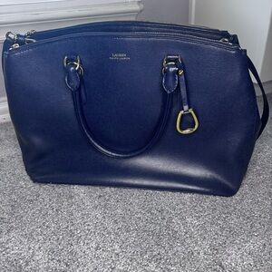 Lauren Ralph Lauren Leather Navy Bennington Double Zip Satchel with Gold Accents